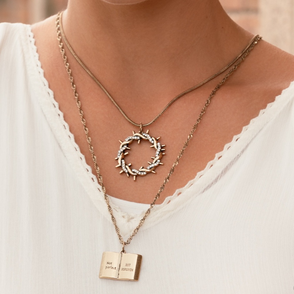 Gold Layered Bible Necklace with “Not Perfect but Forgiven” & a Crown of Thorns - Picture 3 of 4